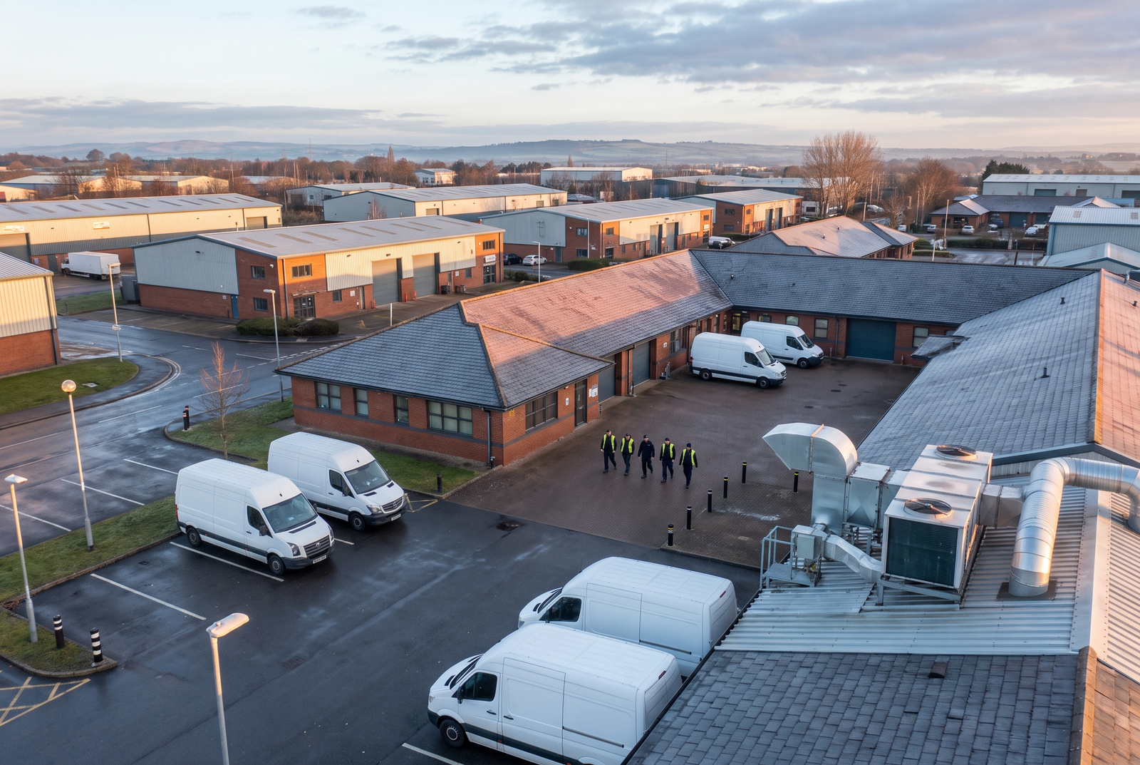 Aerial view of a UK commercial estate that an FM buyer would acquire
