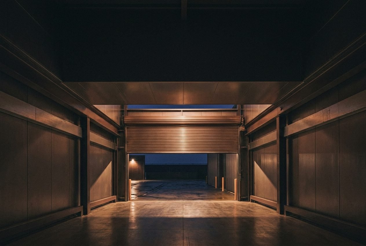 A loading bay shutter half open onto a dark service yard