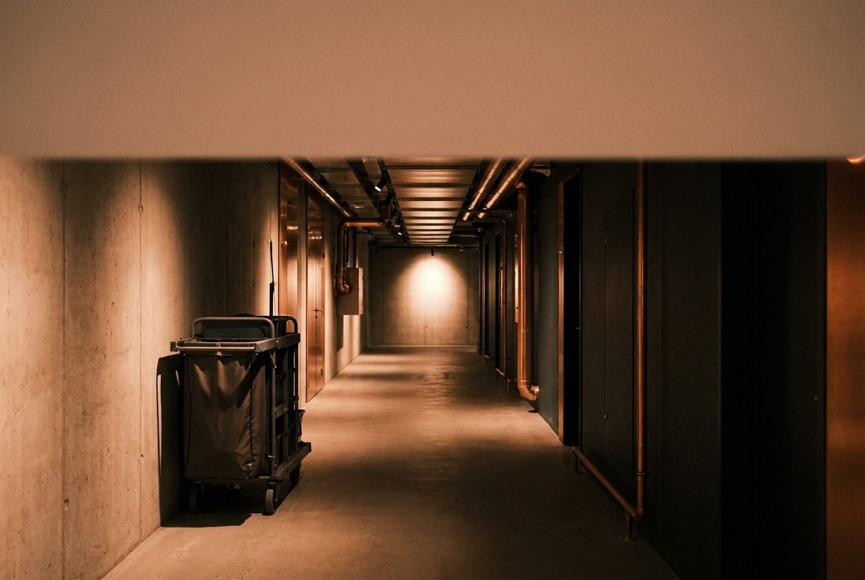 A quiet service corridor with a cleaning trolley parked against the wall