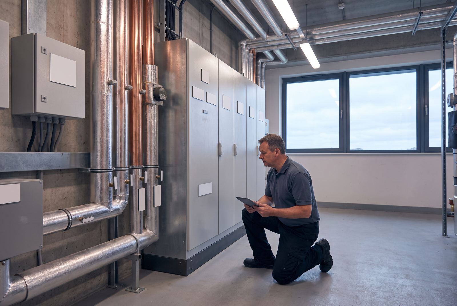 Engineer inspecting mechanical and electrical plant in a UK commercial building