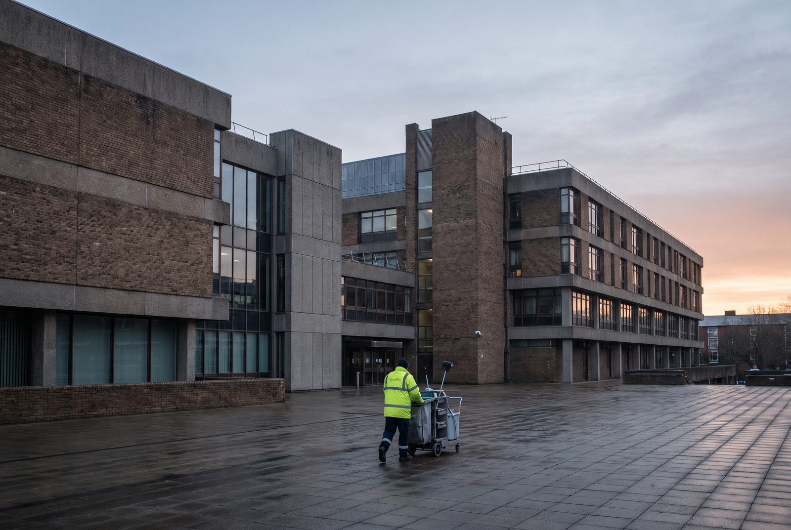 Public sector building estate in a UK city at dawn