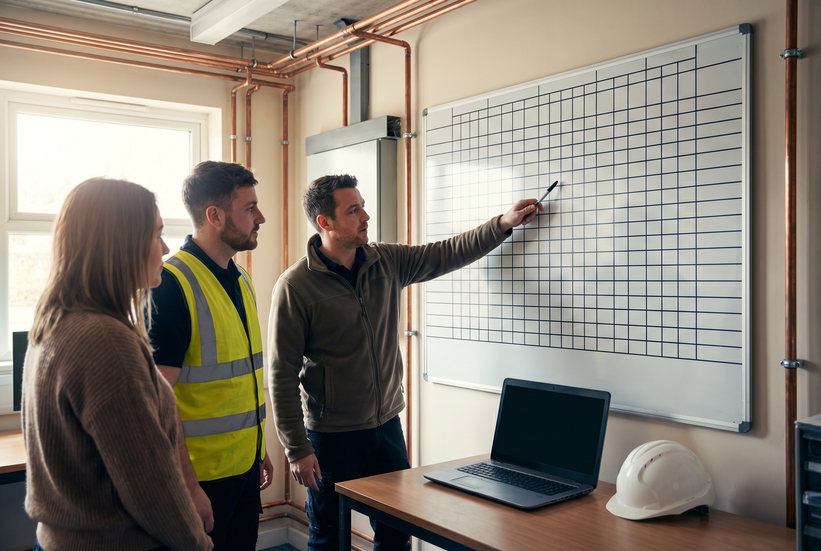 Facilities team reviewing a planned maintenance schedule in a commercial building