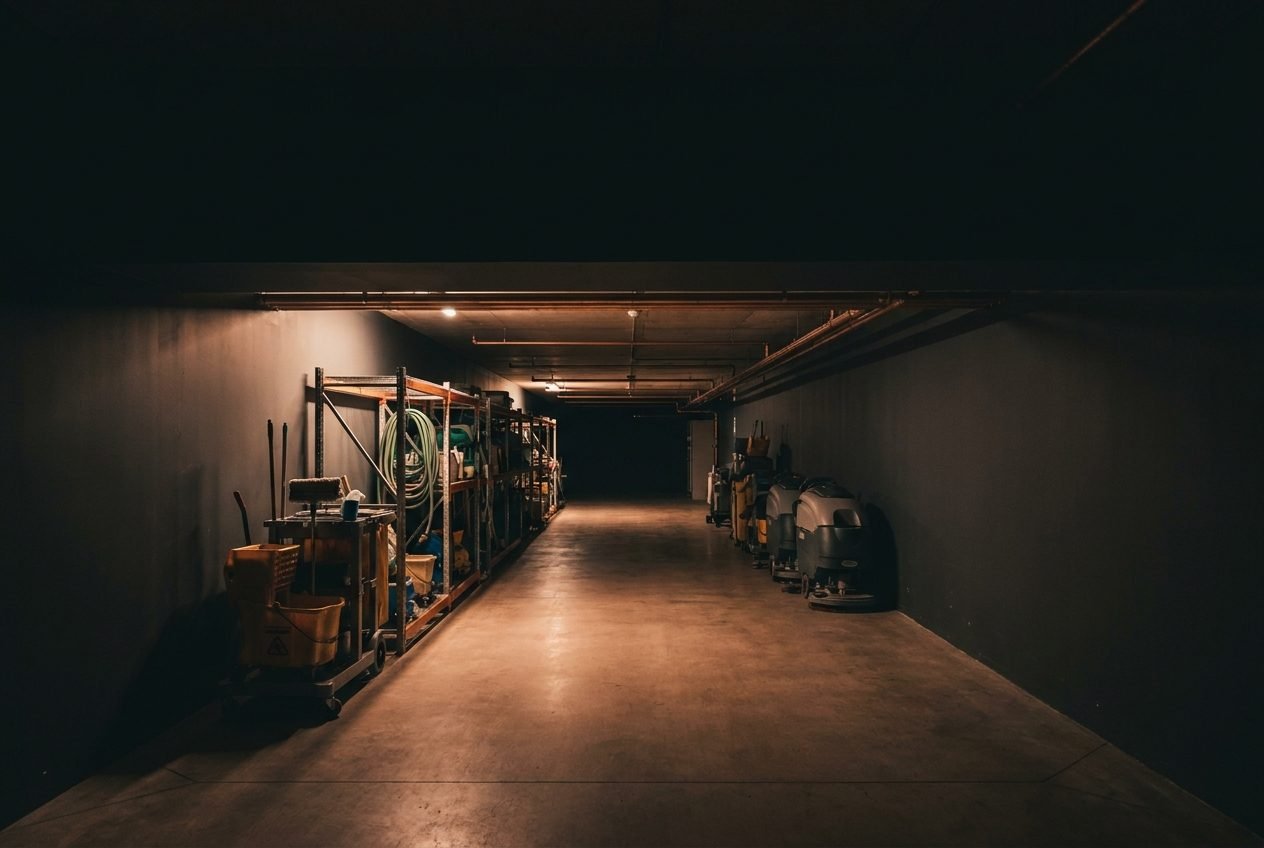 A back-of-house corridor behind a retail unit with cleaning equipment stored in order